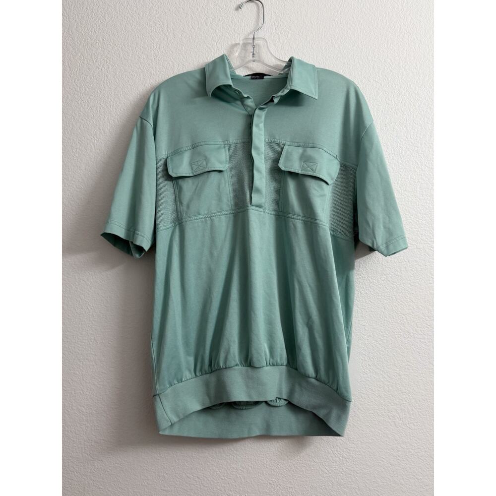 Alan Stuart Short Sleeve Shirt Pullover Aqua Snap Button Mens L Vintage
